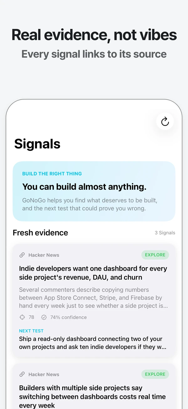 The Signals feed with a sourced opportunity signal and its next test