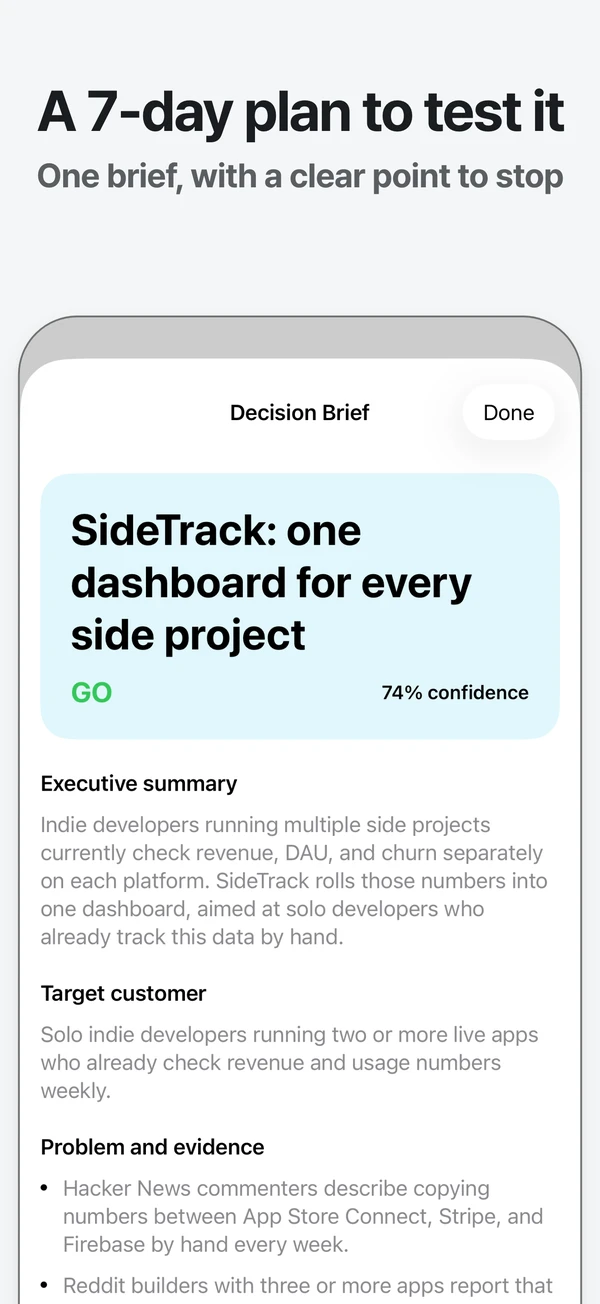 A Decision Brief with its recommendation and 7-day validation sprint
