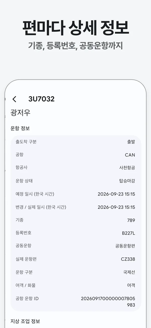항공편 상세: 운항 상태, 기종, 등록번호, 공동운항 정보