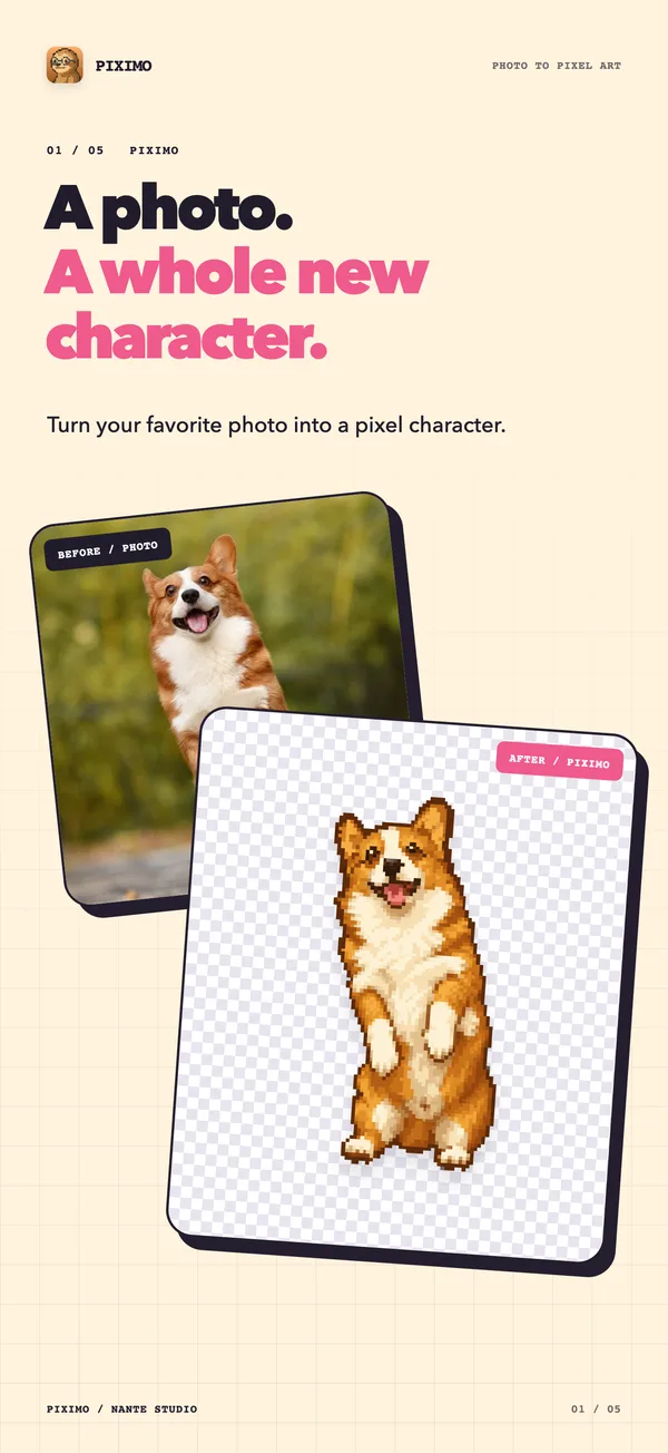 Before and after: a corgi photo and the pixel character made from it