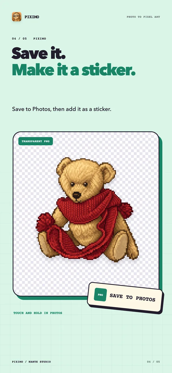 A pixel teddy bear ready to save to Photos as a sticker