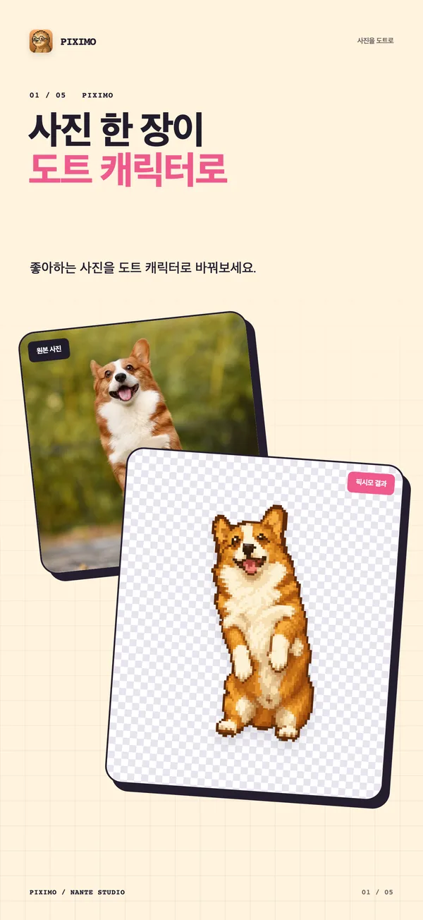 코기 사진과 그 사진으로 만든 도트 캐릭터