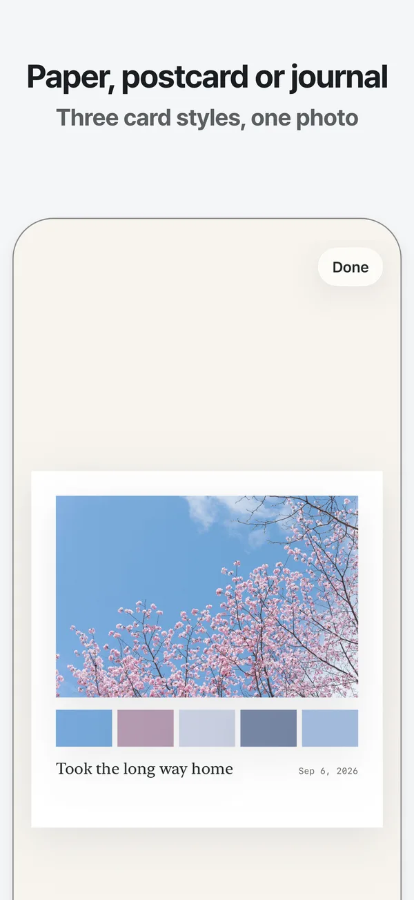 A spring blossom photo card in the Postcard style
