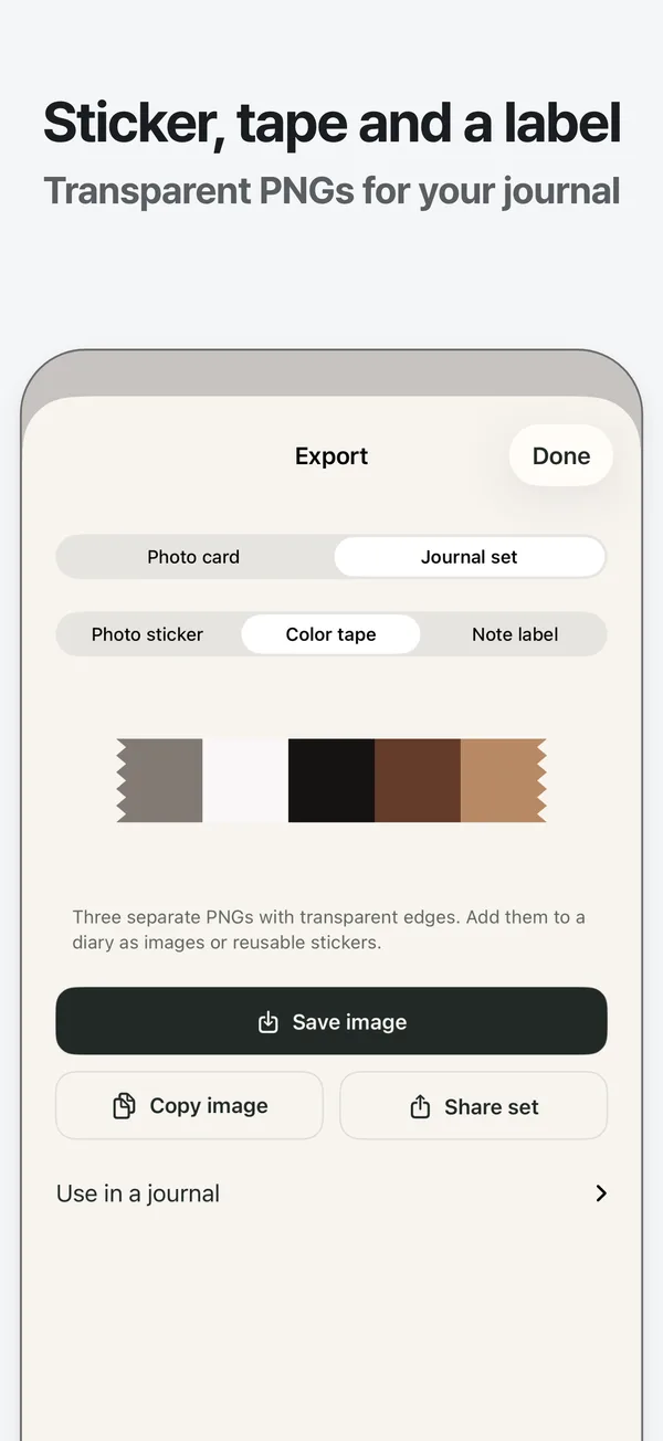 The export screen for the journal set, showing the color tape piece and the sticker, tape and label options
