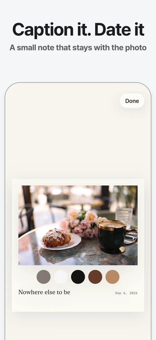 A cafe photo card in the Journal style with a caption and date