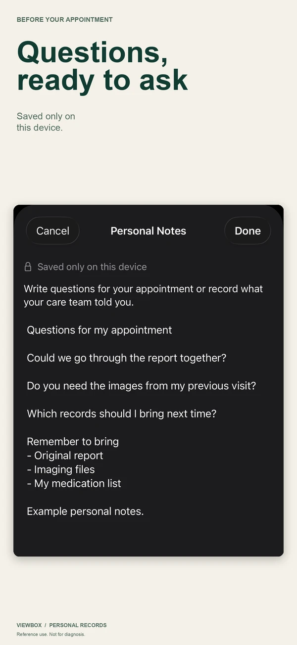 Personal notes with questions for the appointment, saved only on this device
